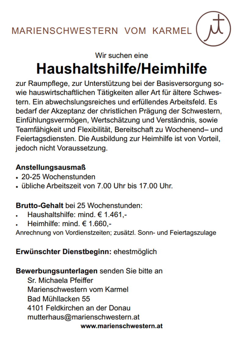Stellenausschreibung Haushalts-/Heimhilfe